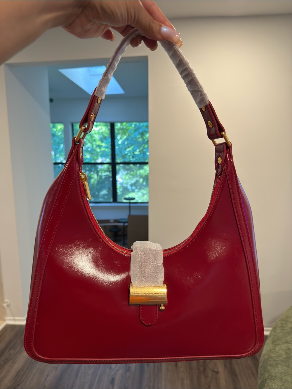 Brandon Blackwood Red Patent Leather Shoulder Bag with Gold Hardware